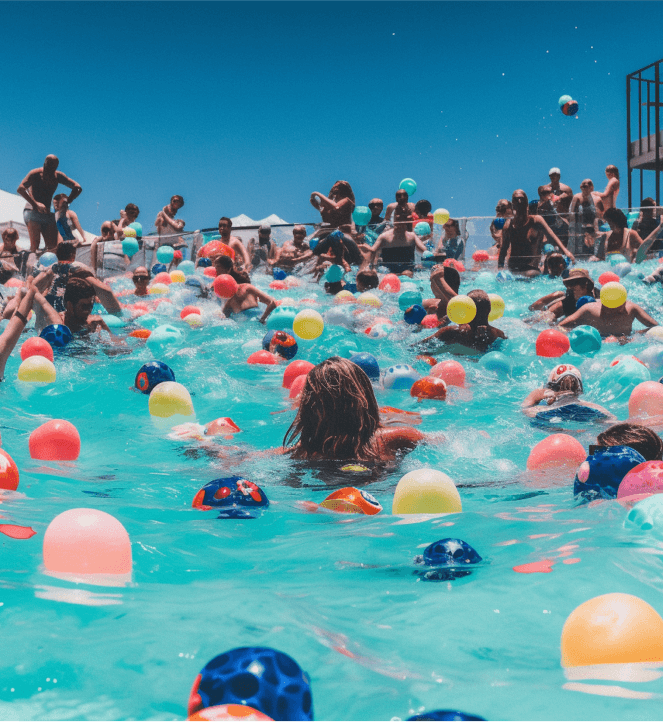 fiesta en la psicina con pelotas, personas disfrutando de la piscina